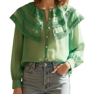 A353  Nancy CottagecoreElegance  Green Chiffon Ruffle Lace Yoke Blouse NWT M